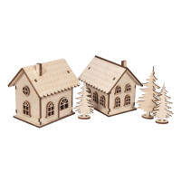 Holzbausatz Lichterhäuser,FSC Mix Credit, 7-10cm,48tlg,+LEDLichterkette, Box 1Set, natur