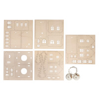 Holzbausatz Lichterhäuser,FSC Mix Credit, 7-10cm,48tlg,+LEDLichterkette, Box 1Set, natur