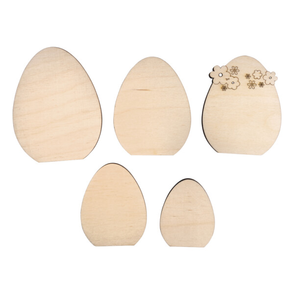 Holz Deko Ostereier, FSC Mix Credit, 4,5-7,5cm, Stärke 6mm, SB-Btl. 5Stück, natur