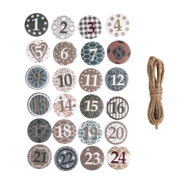 Adventskalenderzahlen 1-24, FSC 100%, ø 2,5cm, mit Kordel, SB-Btl. 24Stück