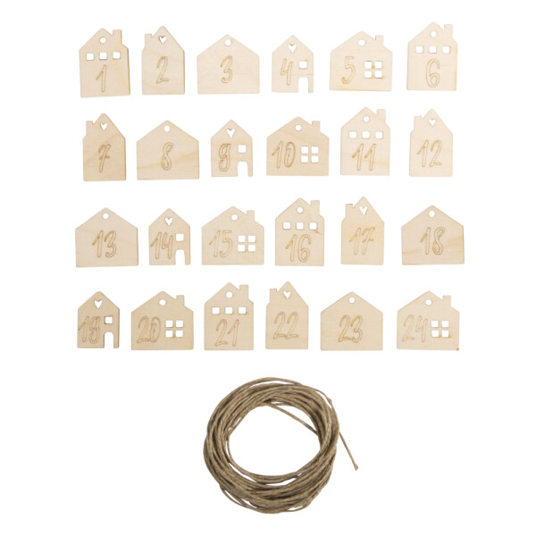 Holz Adventszahlen 1-24, FSC Mix Credit, 2,2-2,6cm, sort., +Kordel, SB-Btl. 1Set, natur