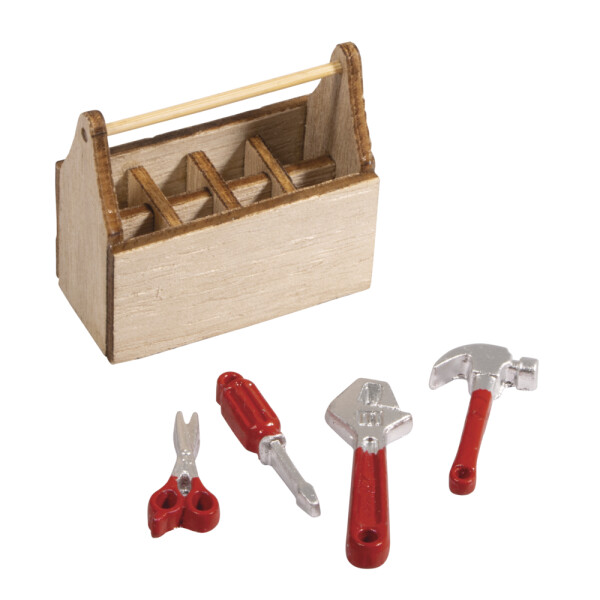 Holz Mini Werkzeugkiste, FSC 100%, 4,5x2,5x4,1cm, +Werkzeug, SB-Btl. 1Set