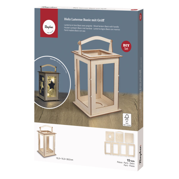 Holz Laterne Basic, FSC Mix Credit, 15,3x15,3x26,5cm, 15-tlg., Box 1Set, natur