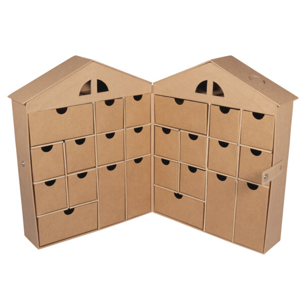 Pappmaché Adventskalender, FSC Recycled, 24x12,4x30,2cm, Haus, zum Aufklappen, kraft