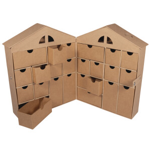 Pappmach&eacute; Adventskalender, FSC Recycled, 24x12,4x30,2cm, Haus, zum Aufklappen, kraft
