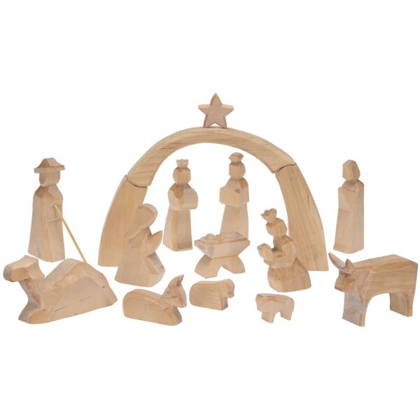 Große Weihnachtskrippe aus Pappelholz, 16 tlg.