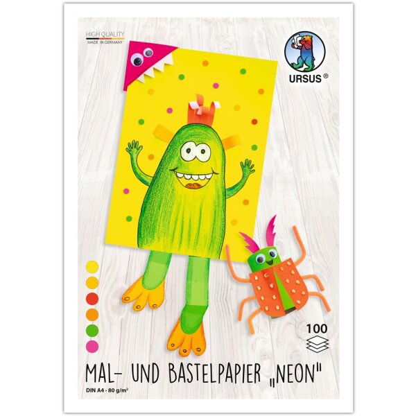 Mal und Bastelpapier Neon, DIN A4, 100 Blatt in 6 Farben