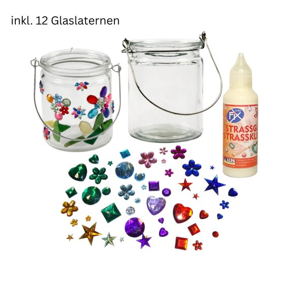 Mega Sparset Glaslaterne Schmucksteine, 12 Stück, inkl. Schmucksteinkleber