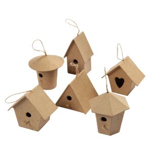 Pappmaché Mini Vogelhäuser H: ca. 7 cm, 6 Stück sortiert